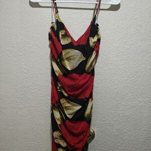 Vibrant Red and Gold Floral Midi Dress